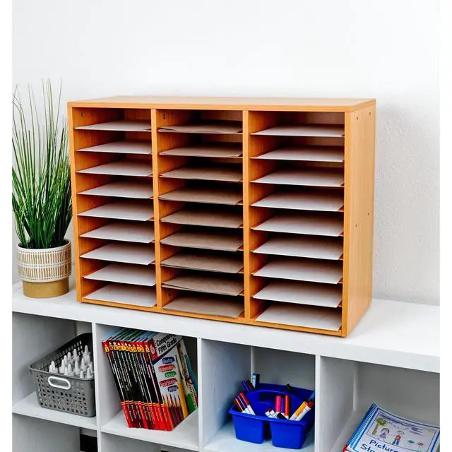 Alt view image 5 of 6 - Classroom Oak Mail Center with Wire Rack, 27 Slots | Office Mailboxes, Mail Sorter, Classroom Organization, Mailbox Organizer for Students & Teachers