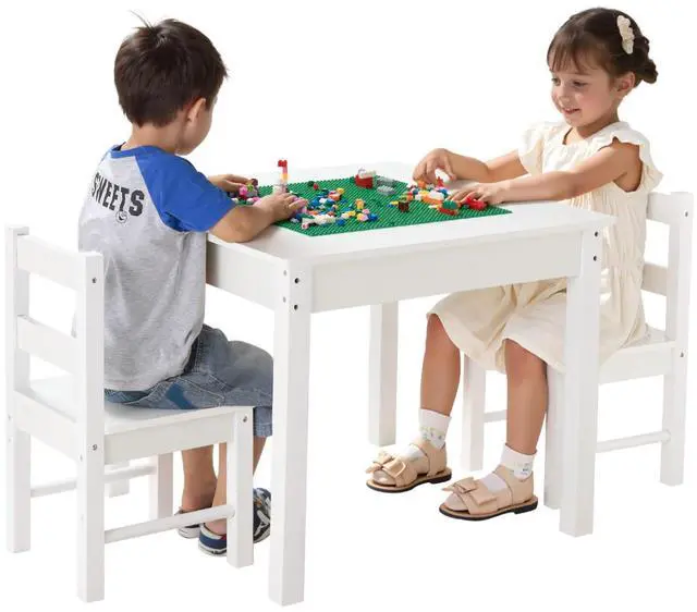 Main image of Kids Activity Table and 2 Chairs Set, Building Blocks Double-Sided Tabletop, Toddler Table and Chair Set with Storage for Kids 3+ Years, Large Storage Space, Present for Boys & Girls, White