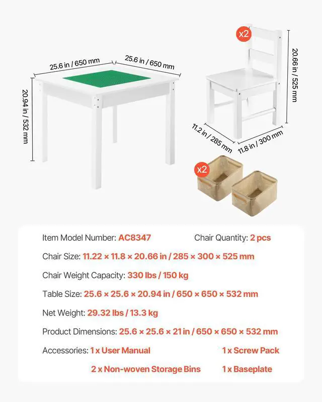 Alt view image 3 of 6 - Kids Activity Table and 2 Chairs Set, Building Blocks Double-Sided Tabletop, Toddler Table and Chair Set with Storage for Kids 3+ Years, Large Storage Space, Present for Boys & Girls, White
