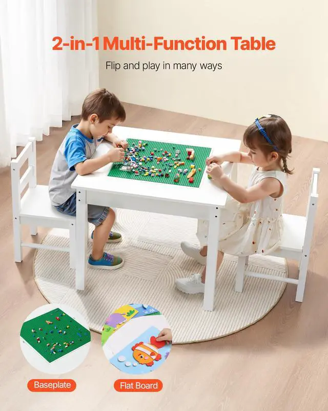 Alt view image 4 of 6 - Kids Activity Table and 2 Chairs Set, Building Blocks Double-Sided Tabletop, Toddler Table and Chair Set with Storage for Kids 3+ Years, Large Storage Space, Present for Boys & Girls, White