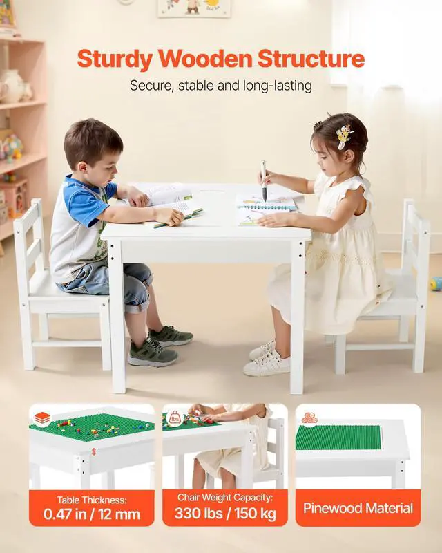 Alt view image 5 of 6 - Kids Activity Table and 2 Chairs Set, Building Blocks Double-Sided Tabletop, Toddler Table and Chair Set with Storage for Kids 3+ Years, Large Storage Space, Present for Boys & Girls, White