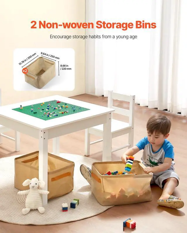 Alt view image 6 of 6 - Kids Activity Table and 2 Chairs Set, Building Blocks Double-Sided Tabletop, Toddler Table and Chair Set with Storage for Kids 3+ Years, Large Storage Space, Present for Boys & Girls, White