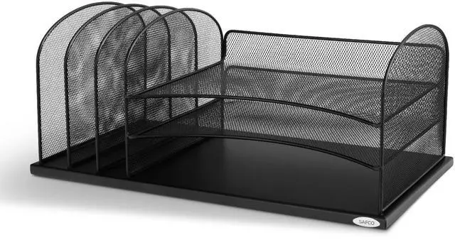 Main image of Onyx Desk Organizer, 3 Vertical Compartments and 3 Trays, Office and Classroom Mailbox, Paper and Mail Sorter, Steel Mesh, Black
