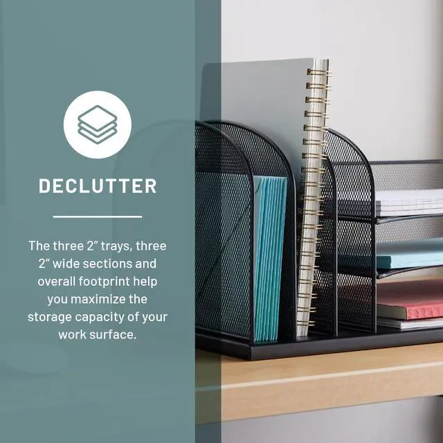 Alt view image 2 of 6 - Onyx Desk Organizer, 3 Vertical Compartments and 3 Trays, Office and Classroom Mailbox, Paper and Mail Sorter, Steel Mesh, Black