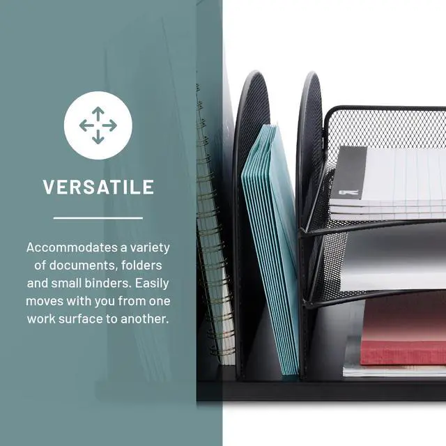 Alt view image 4 of 6 - Onyx Desk Organizer, 3 Vertical Compartments and 3 Trays, Office and Classroom Mailbox, Paper and Mail Sorter, Steel Mesh, Black