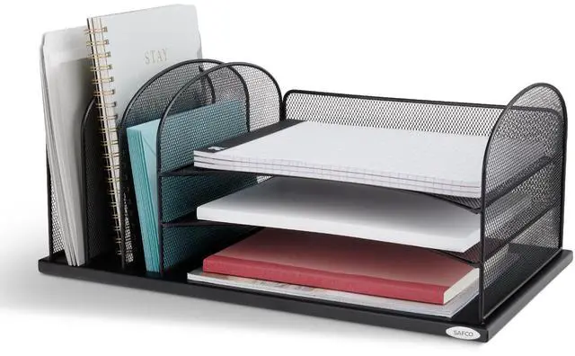 Alt view image 6 of 6 - Onyx Desk Organizer, 3 Vertical Compartments and 3 Trays, Office and Classroom Mailbox, Paper and Mail Sorter, Steel Mesh, Black
