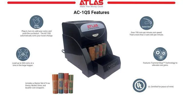 Alt view image 2 of 6 - Automatic Coin Sorter (AC-1QS), Accurately Sorts 156 Coins per Minute, 200 Coin Hopper with Starter Assortment of Quarter, Penny, Nickel, Dime Preformed Coin Wrappers. | Quickly sort up to 3 rolls of