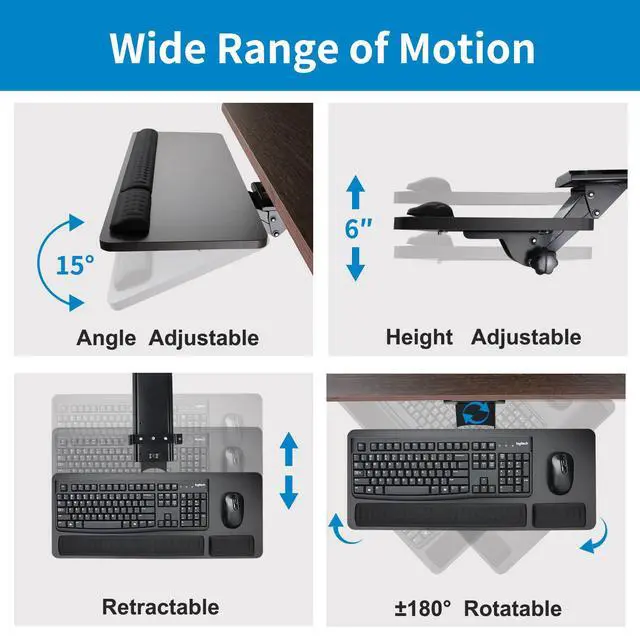 Alt view image 3 of 6 - Keyboard Tray Under Desk,25x9.84'' Large Slide Out Swivel Tilt Computer Keyboard Drawer for Home Gaming Office Desk, Dual Mount,Black
