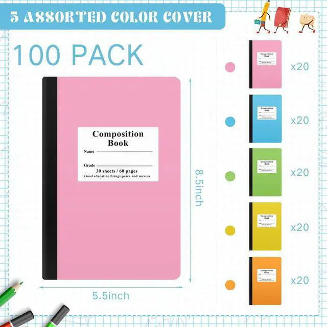 Alt view image 2 of 6 - Composition Notebooks Bulk Wide Ruled Lined, 8.5 x 5.5 Inch, 30 Sheets/60 Pages, Back to School Supplies, First Day of School Notebooks for Teacher Student Office Supplies(100 Pack)