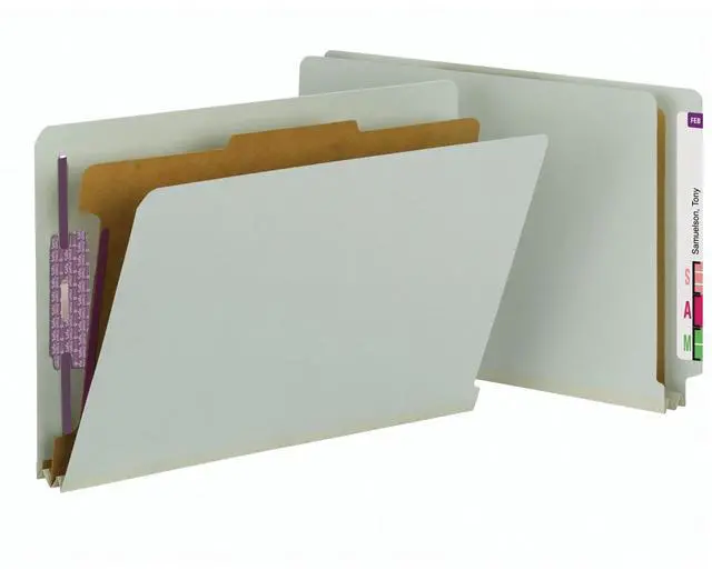 Main image of 100% Recycled End Tab Pressboard Classification File Folder with SafeSHIELD Fasteners, 1 Divider, 2" Expansion, Legal Size, Gray/Green, 10 per Box (29800)
