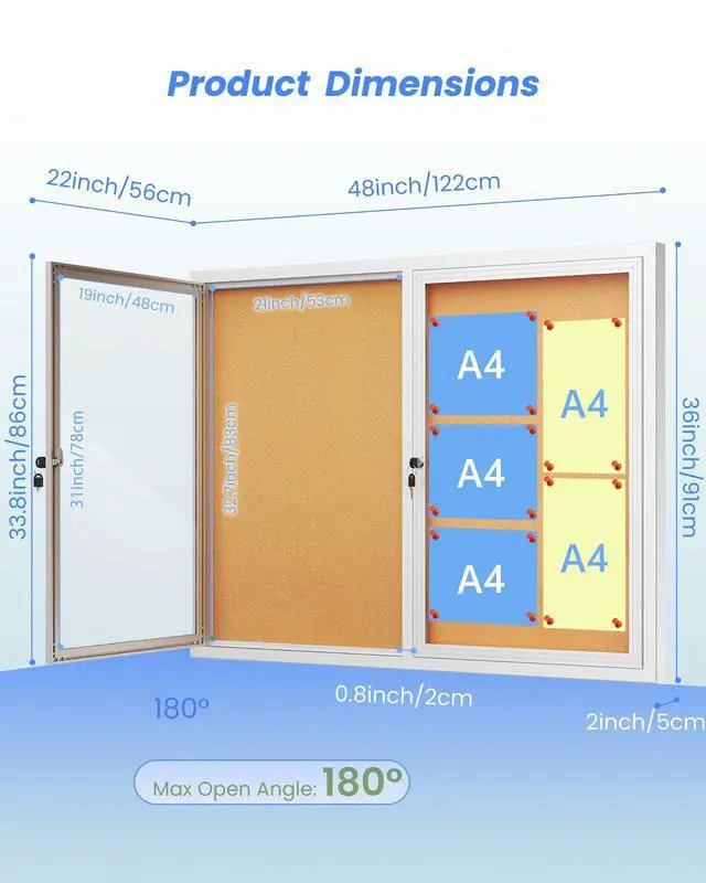 Alt view image 3 of 6 - Large 48"x36" Enclosed Bulletin Board Outdoor, Weatherproof Lockable Cork Board with Two Acrylic Doors & Aluminum Frame, Tamper-Proof Notice Display Case for Office, School, Community (10xA4)