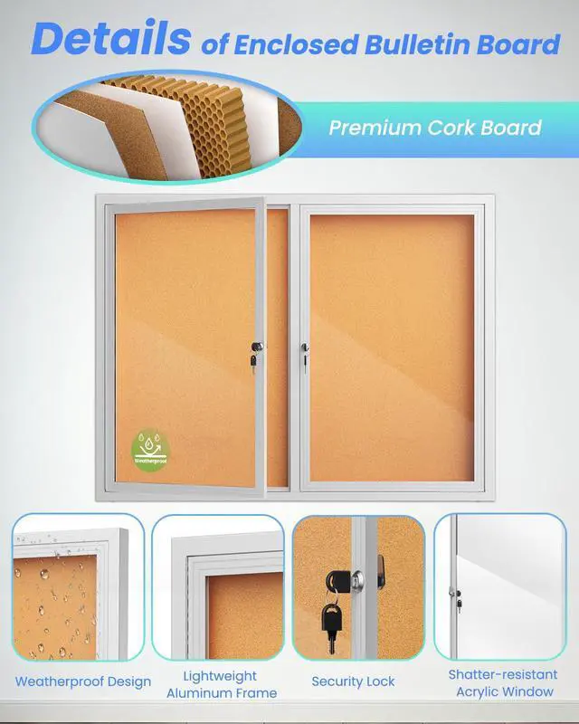 Alt view image 4 of 6 - Large 48"x36" Enclosed Bulletin Board Outdoor, Weatherproof Lockable Cork Board with Two Acrylic Doors & Aluminum Frame, Tamper-Proof Notice Display Case for Office, School, Community (10xA4)
