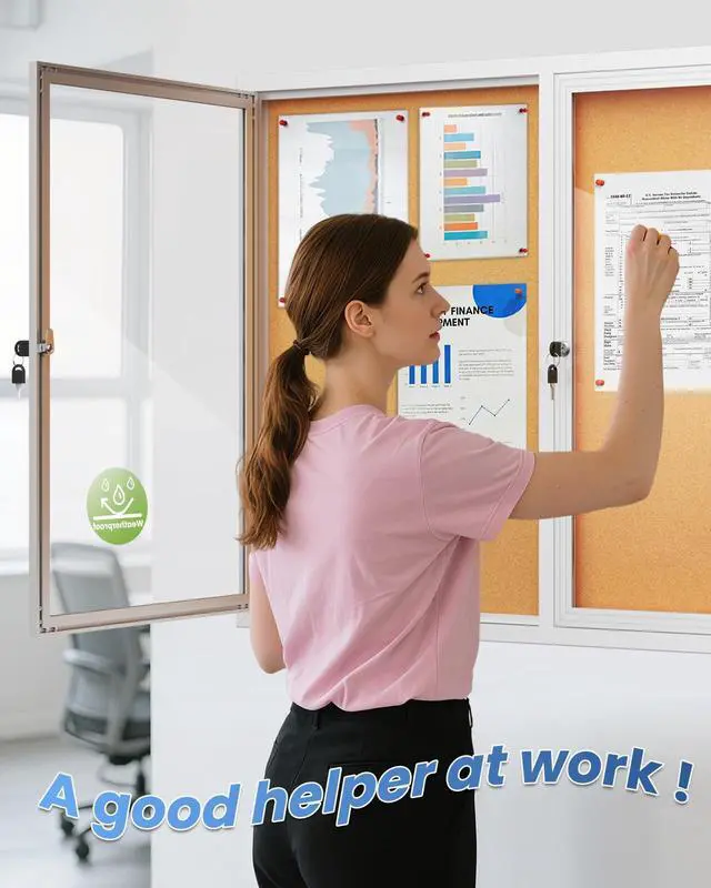 Alt view image 5 of 6 - Large 48"x36" Enclosed Bulletin Board Outdoor, Weatherproof Lockable Cork Board with Two Acrylic Doors & Aluminum Frame, Tamper-Proof Notice Display Case for Office, School, Community (10xA4)