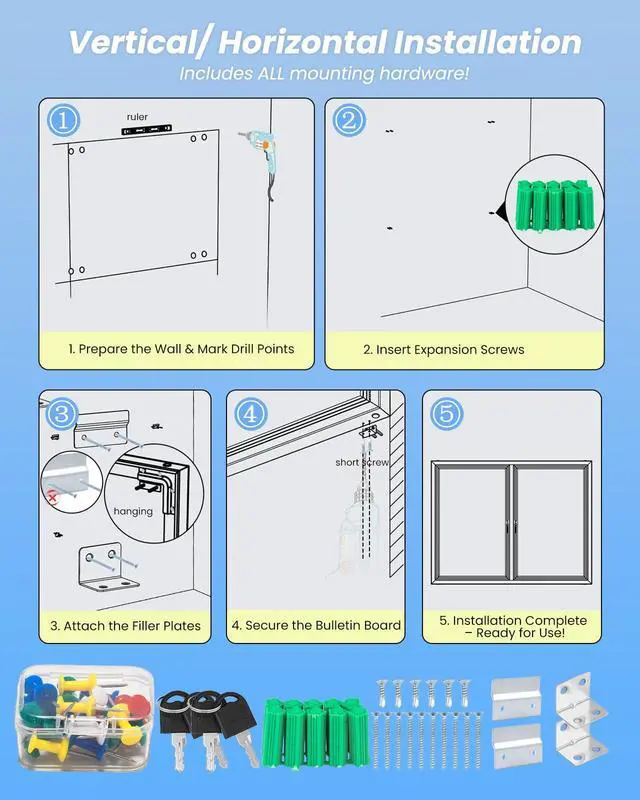 Alt view image 6 of 6 - Large 48"x36" Enclosed Bulletin Board Outdoor, Weatherproof Lockable Cork Board with Two Acrylic Doors & Aluminum Frame, Tamper-Proof Notice Display Case for Office, School, Community (10xA4)
