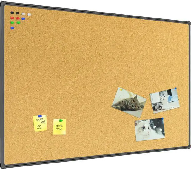 Main image of Cork Board Bulletin Board 60 x 36 Notice Board, Black Aluminum Frame Wall Mounted Board for Office Home and School with 10 Push Pins