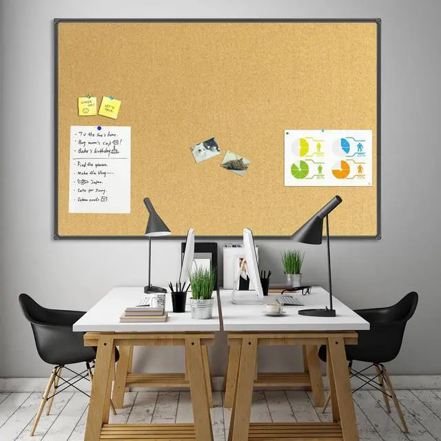 Alt view image 2 of 6 - Cork Board Bulletin Board 60 x 36 Notice Board, Black Aluminum Frame Wall Mounted Board for Office Home and School with 10 Push Pins