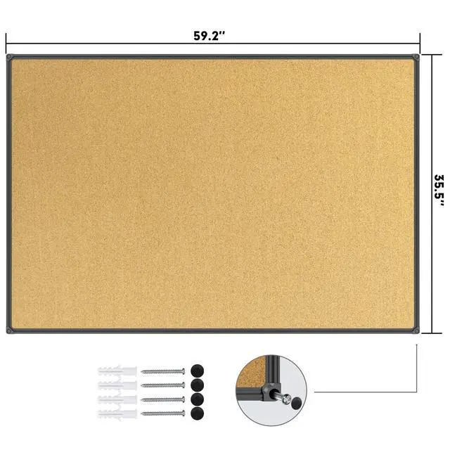 Alt view image 3 of 6 - Cork Board Bulletin Board 60 x 36 Notice Board, Black Aluminum Frame Wall Mounted Board for Office Home and School with 10 Push Pins