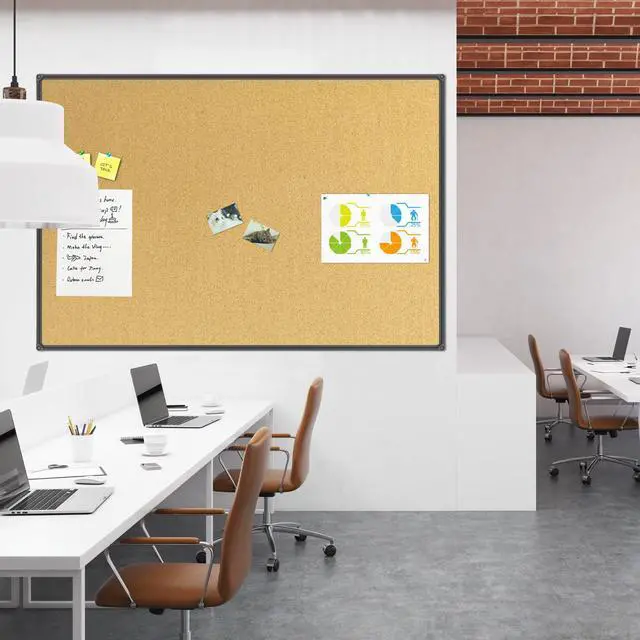 Alt view image 4 of 6 - Cork Board Bulletin Board 60 x 36 Notice Board, Black Aluminum Frame Wall Mounted Board for Office Home and School with 10 Push Pins
