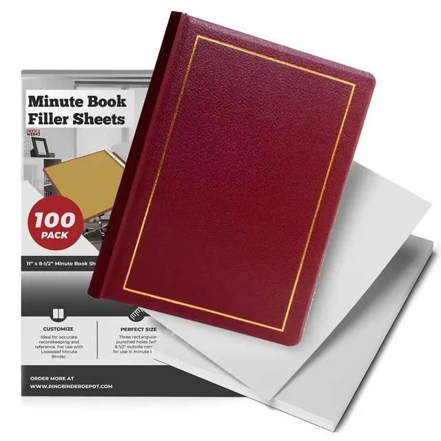Alt view image 2 of 6 - Corporate Minute and Records Book Binder, Maroon Leather w/Gold-Tooled Covers and Spines, Letter Size 8.5 x 11 Inches, 125 Pages/250 Sheet Capacity, 100 Minute Book Paper Included