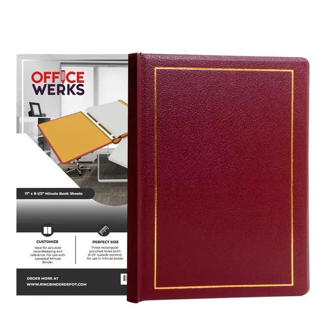 Alt view image 6 of 6 - Corporate Minute and Records Book Binder, Maroon Leather w/Gold-Tooled Covers and Spines, Letter Size 8.5 x 11 Inches, 125 Pages/250 Sheet Capacity, 100 Minute Book Paper Included