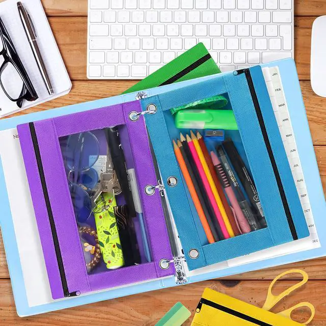 Alt view image 3 of 6 - Pencil Pouch for 3 Ring Binder, 102 Pack Bulk Pencil Bags with Zipper, 6 Colored Pencil Case for Classroom School Office Supplies, Large Sturdy and Durable Cloth Pencil Pocket for 3 Holder Binder