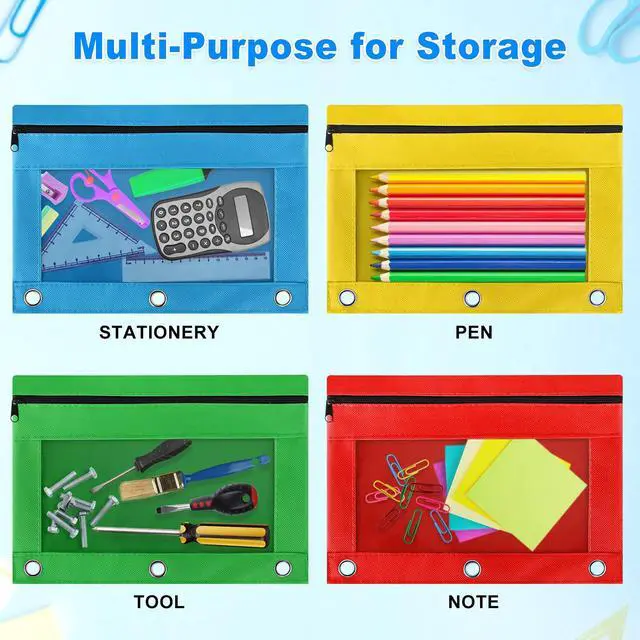 Alt view image 5 of 6 - Pencil Pouch for 3 Ring Binder, 102 Pack Bulk Pencil Bags with Zipper, 6 Colored Pencil Case for Classroom School Office Supplies, Large Sturdy and Durable Cloth Pencil Pocket for 3 Holder Binder