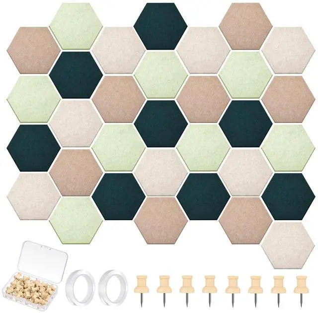 Main image of 32 Pcs 12'' x 10' Hexagon Felt Cork Board Tiles with 50 Wooden Push Pins, Felt DIY Bulletin Board with 4 Tape for Office School Home Wall Decor Stickers Memos Photos Display