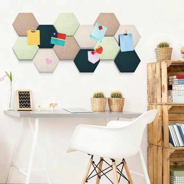 Alt view image 2 of 6 - 32 Pcs 12'' x 10' Hexagon Felt Cork Board Tiles with 50 Wooden Push Pins, Felt DIY Bulletin Board with 4 Tape for Office School Home Wall Decor Stickers Memos Photos Display