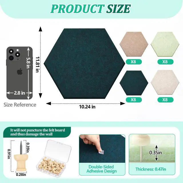 Alt view image 3 of 6 - 32 Pcs 12'' x 10' Hexagon Felt Cork Board Tiles with 50 Wooden Push Pins, Felt DIY Bulletin Board with 4 Tape for Office School Home Wall Decor Stickers Memos Photos Display