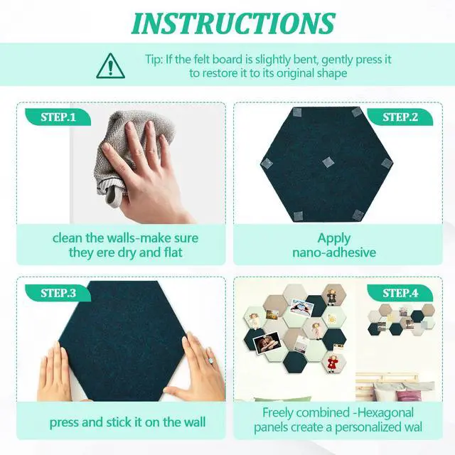 Alt view image 4 of 6 - 32 Pcs 12'' x 10' Hexagon Felt Cork Board Tiles with 50 Wooden Push Pins, Felt DIY Bulletin Board with 4 Tape for Office School Home Wall Decor Stickers Memos Photos Display