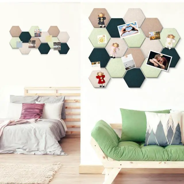 Alt view image 5 of 6 - 32 Pcs 12'' x 10' Hexagon Felt Cork Board Tiles with 50 Wooden Push Pins, Felt DIY Bulletin Board with 4 Tape for Office School Home Wall Decor Stickers Memos Photos Display