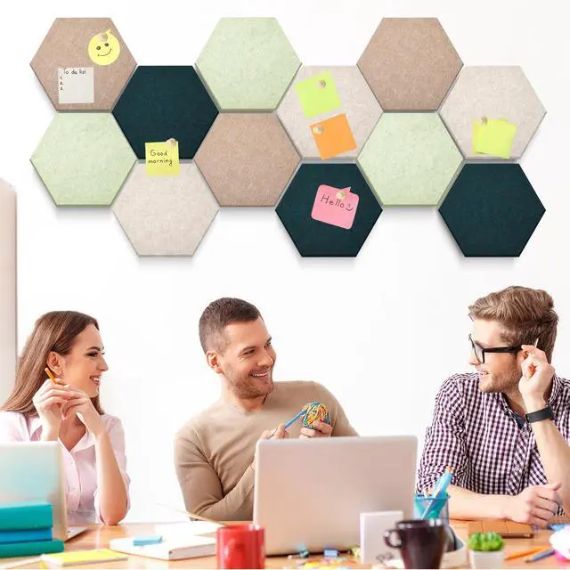 Alt view image 6 of 6 - 32 Pcs 12'' x 10' Hexagon Felt Cork Board Tiles with 50 Wooden Push Pins, Felt DIY Bulletin Board with 4 Tape for Office School Home Wall Decor Stickers Memos Photos Display