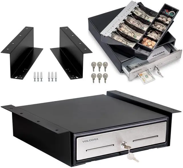 Main image of Cash Register Drawer with Under Counter Mounting Bracket - 13" Black Cash Drawer for POS, Stainless Steel Front, 4 Bill 5 Coin, Fully Removable 2 Tier Cash Tray, 12-24V RJ11/RJ12 Key-Lock
