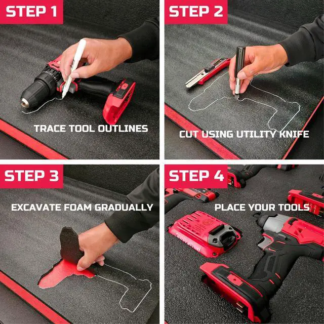Alt view image 3 of 5 - Tool Box Foam 48x24x1.5 inch 2Pack, Foam Inserts for Cases, Polyethylene Storage Sheets for Toolbox Hard Case, Tool Shadow Insert, Kaizen Organizer Sheet, Black with Red