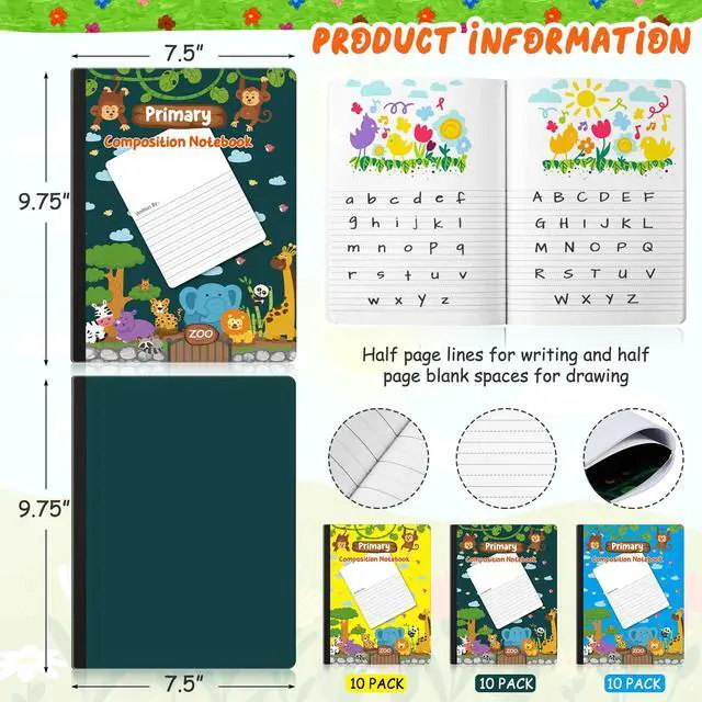 Alt view image 2 of 6 - 30 Pack Primary Composition Notebook K-2, Bulk School Supplies for Classroom, Wide Ruled Draw and Write Journals with Picture Space, Kindergarten Preschool Student Notebooks, 9.75 x 7.5 Inch