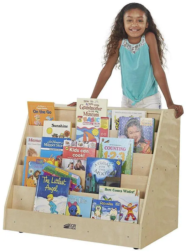Main image of Double-Sided Mobile Book Display with Storage Shelves, Classroom Bookshelf, Natural | Independent book browsing, 5 deep shelves, 2 rear shelves for extra storage, durable birch, GREENGUARD Gold Certif