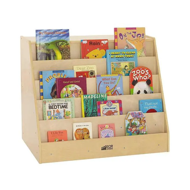 Alt view image 2 of 6 - Double-Sided Mobile Book Display with Storage Shelves, Classroom Bookshelf, Natural | Independent book browsing, 5 deep shelves, 2 rear shelves for extra storage, durable birch, GREENGUARD Gold Certif