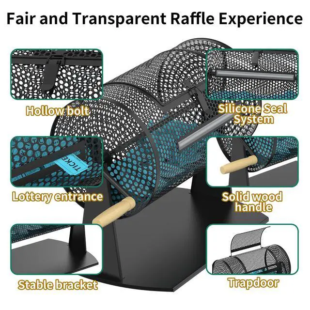 Alt view image 4 of 6 - Raffle Drum, Games & Sports Professional Raffle Ticket Spinner with Wooden Turning Handle Holds 2500 Tickets (Black)