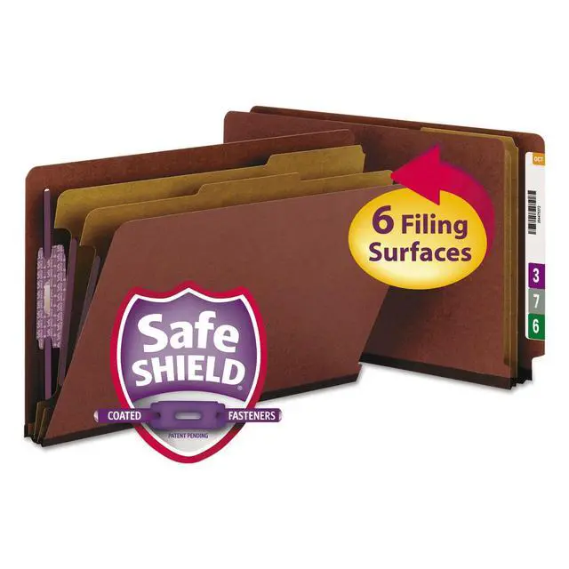 Main image of 100% Recycled End Tab Pressboard Classification File Folder with SafeSHIELD Fasteners, 2 Dividers, 2" Expansion, Legal Size, Red, 10 per Box (29860)