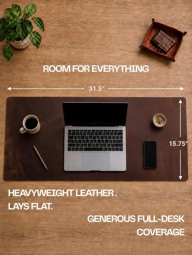 Alt view image 4 of 5 - Genuine Leather Desk Pad, Office Desk Mat, Large Desk Blotter, Desk Protector, and Mouse Pad 31.5" x 15.75" (1.8-2.0 mm) Mocha, Waterproof, Premium Quality for Desk Surface Protection and Comfort