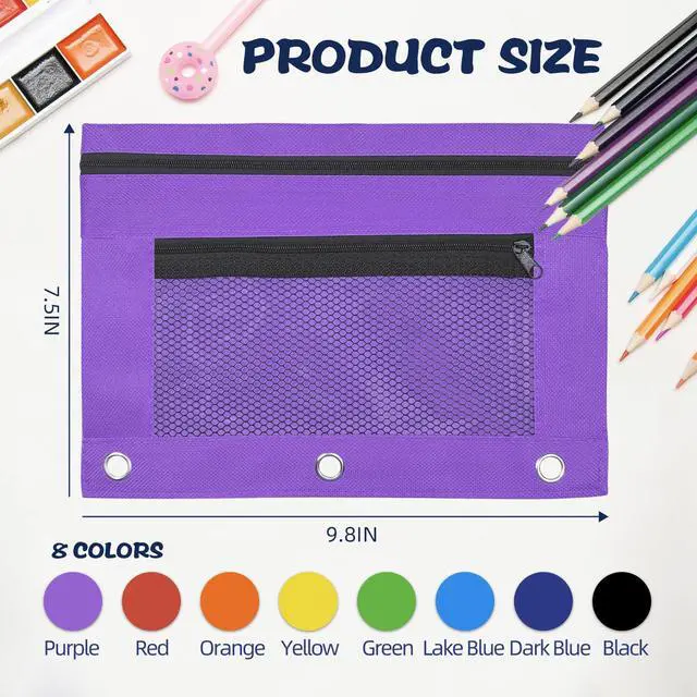 Alt view image 2 of 6 - 48 Pack Pencil Pouch for 3 Ring Binder Mesh Zipper Pencil Case Assorted Colors Pencil Bag Binder Pouches Pen Zipper Pouch for School Office Writing Utensils Storage Supplies, 8 Colors