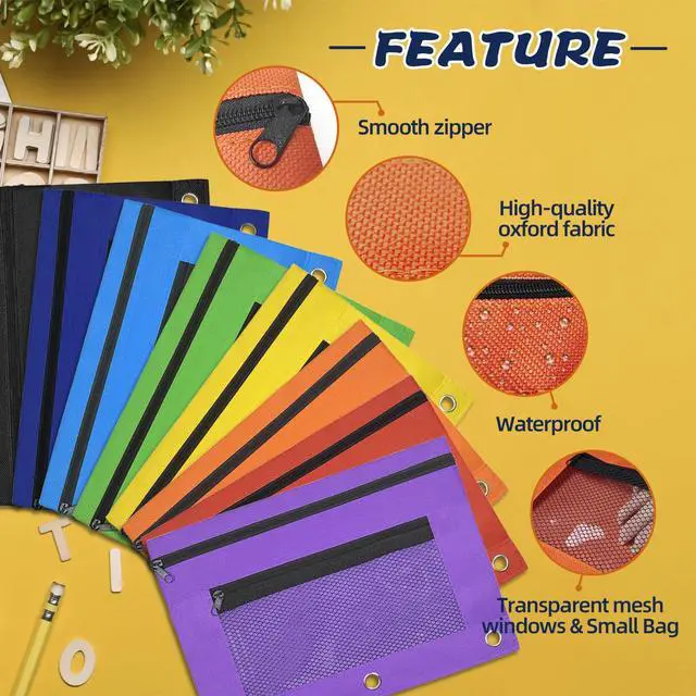 Alt view image 5 of 6 - 48 Pack Pencil Pouch for 3 Ring Binder Mesh Zipper Pencil Case Assorted Colors Pencil Bag Binder Pouches Pen Zipper Pouch for School Office Writing Utensils Storage Supplies, 8 Colors