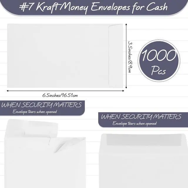 Alt view image 2 of 5 - #7 1000 Pack Money Envelopes for Cash Self-adhesive 28lb Thick Coin Envelopes 3-1/2" x 6-1/2" - Privacy Envelope for Budget, Wedding Gifts, Seed Storage & Receipts(White,7)