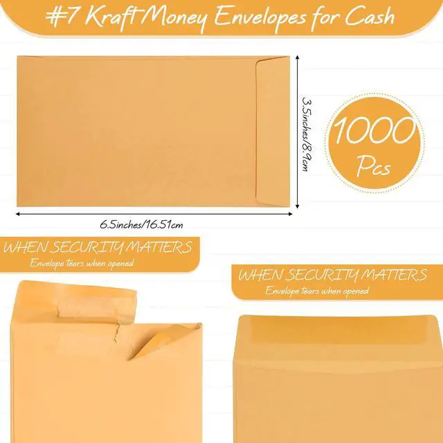 Alt view image 2 of 6 - #7 1000 Pack Money Envelopes for Cash Self-adhesive 28lb Thick Coin Envelopes 3-1/2" x 6-1/2" - Privacy Envelope for Budget, Wedding Gifts, Seed Storage & Receipts(Golden Kraft Paper,7)
