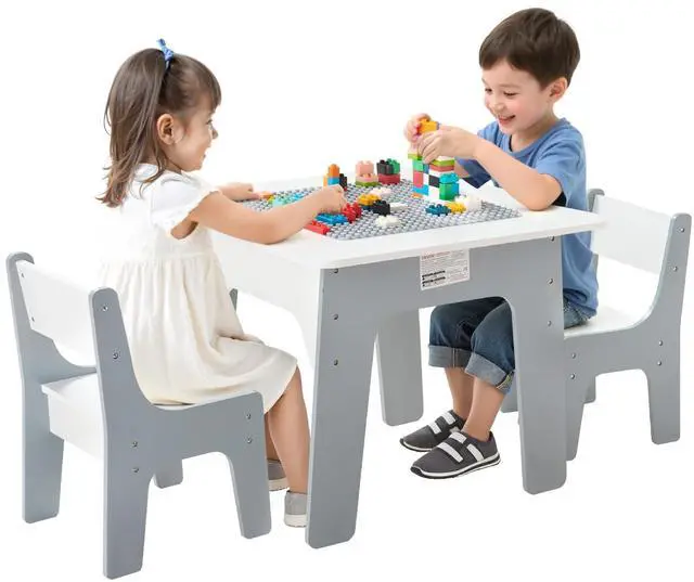 Main image of Kid Activity Table and 2 Chairs Set, 23*23*20inch Graffiti & Building Blocks Double-Sided Tabletop, Toddler Play Table with Storage for Kids 3+ Years, Large Storage Space, Gift for Boys & Girls