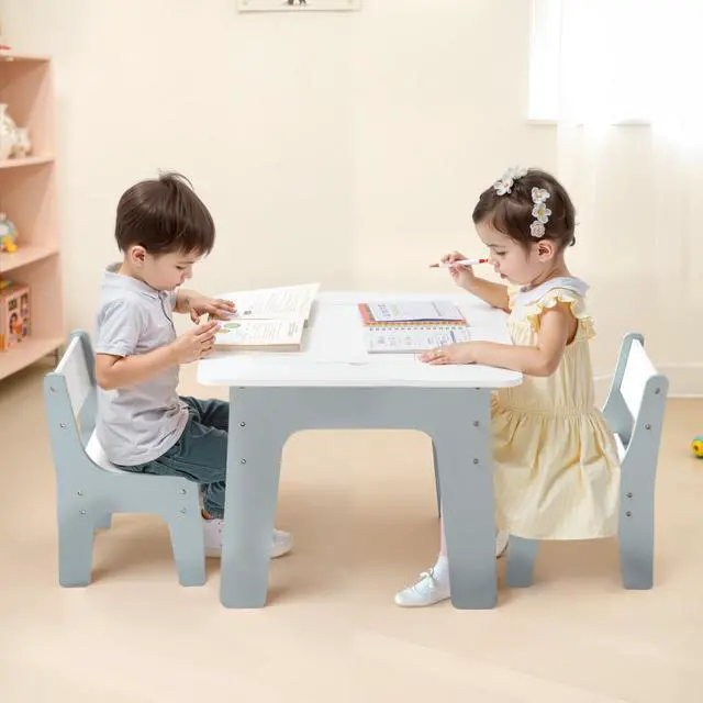 Alt view image 2 of 6 - Kid Activity Table and 2 Chairs Set, 23*23*20inch Graffiti & Building Blocks Double-Sided Tabletop, Toddler Play Table with Storage for Kids 3+ Years, Large Storage Space, Gift for Boys & Girls