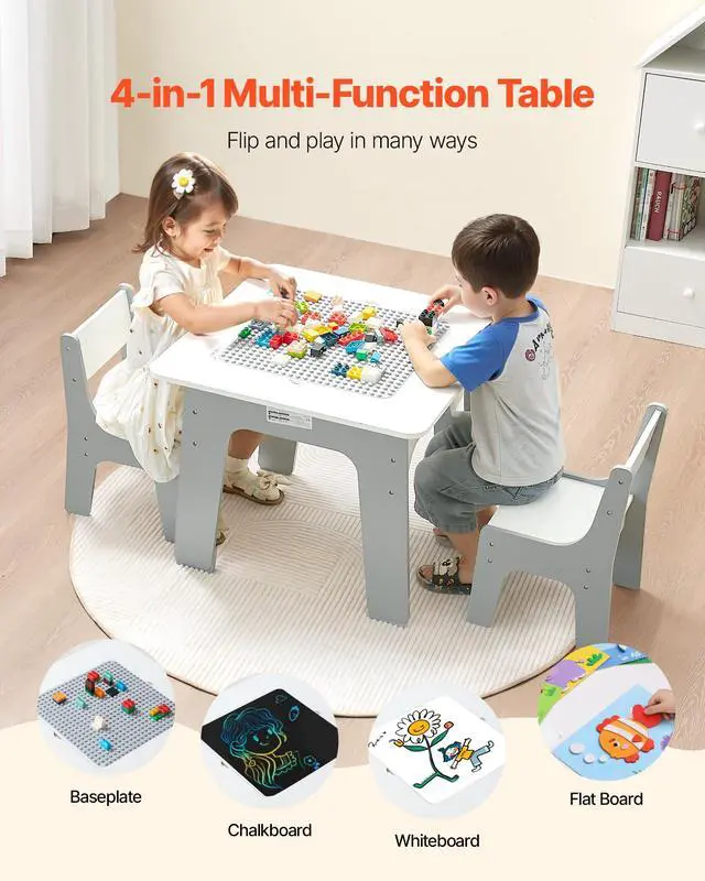 Alt view image 4 of 6 - Kid Activity Table and 2 Chairs Set, 23*23*20inch Graffiti & Building Blocks Double-Sided Tabletop, Toddler Play Table with Storage for Kids 3+ Years, Large Storage Space, Gift for Boys & Girls