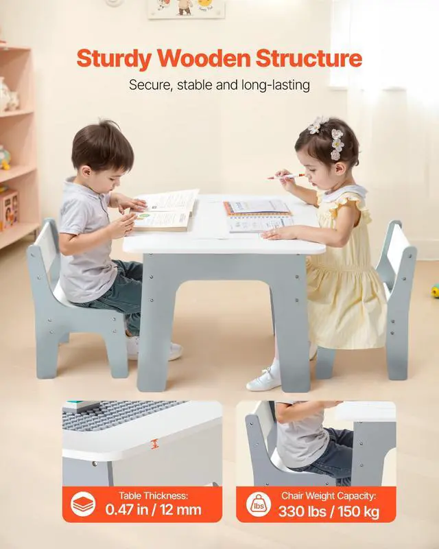 Alt view image 5 of 6 - Kid Activity Table and 2 Chairs Set, 23*23*20inch Graffiti & Building Blocks Double-Sided Tabletop, Toddler Play Table with Storage for Kids 3+ Years, Large Storage Space, Gift for Boys & Girls