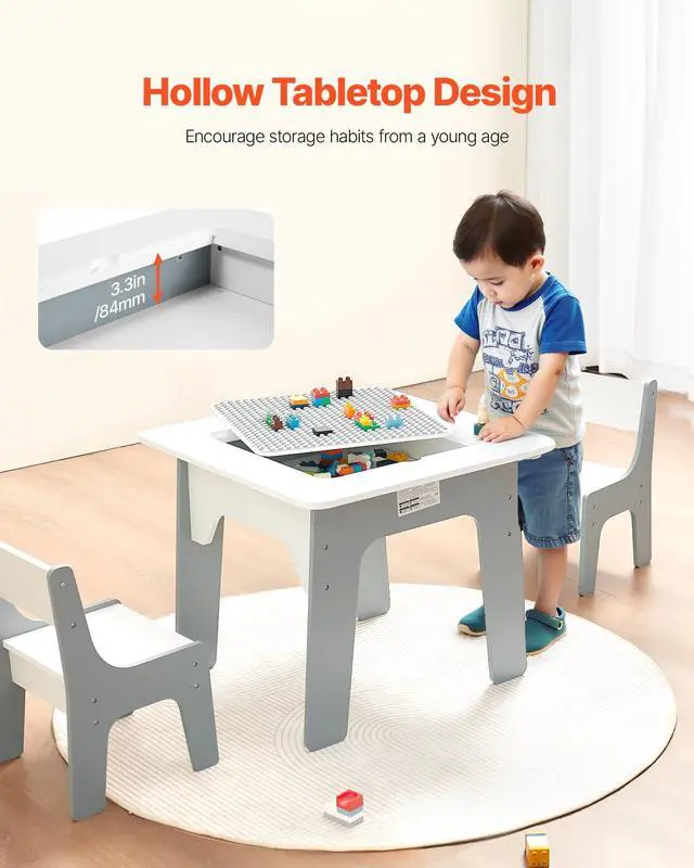 Alt view image 6 of 6 - Kid Activity Table and 2 Chairs Set, 23*23*20inch Graffiti & Building Blocks Double-Sided Tabletop, Toddler Play Table with Storage for Kids 3+ Years, Large Storage Space, Gift for Boys & Girls