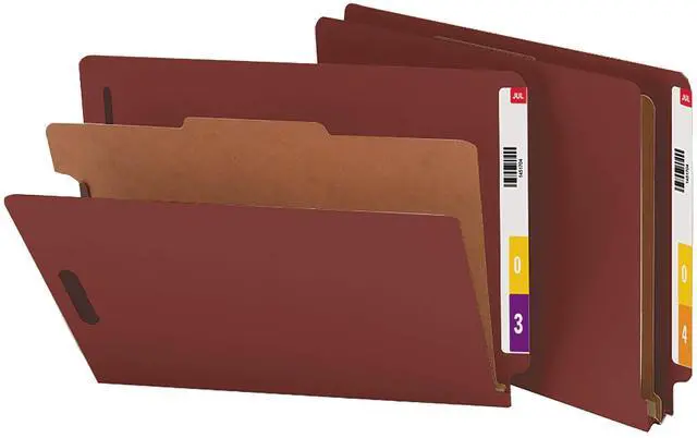 Main image of 100% Recycled End Tab Pressboard Classification File Folder with SafeSHIELD Fasteners, 1 Divider, 2" Expansion, Legal Size, Red, 10 per Box (29855)